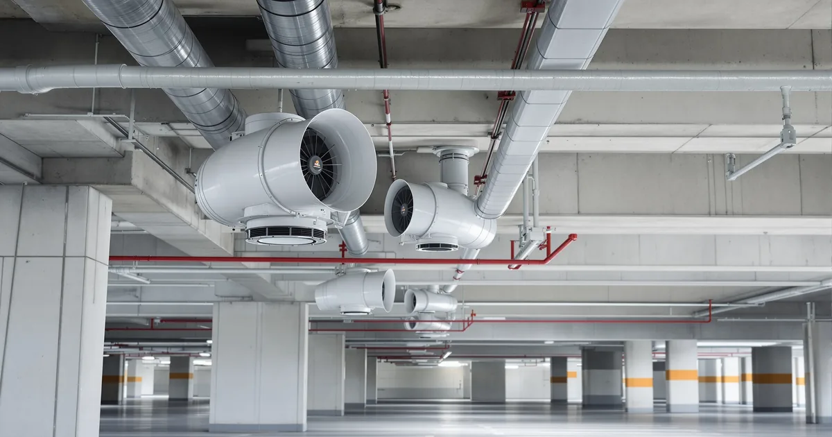 Wentylator strumieniowy jet fan pod stropem zamkniętego garażu podziemnego