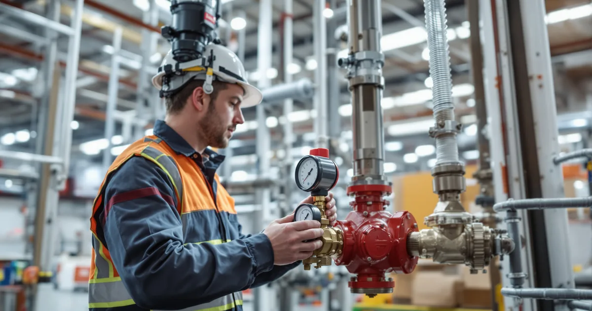 Technik wykonujący test głównego spustu instalacji tryskaczowej w magazynie logistycznym zaprojektowanym wg NFPA 13