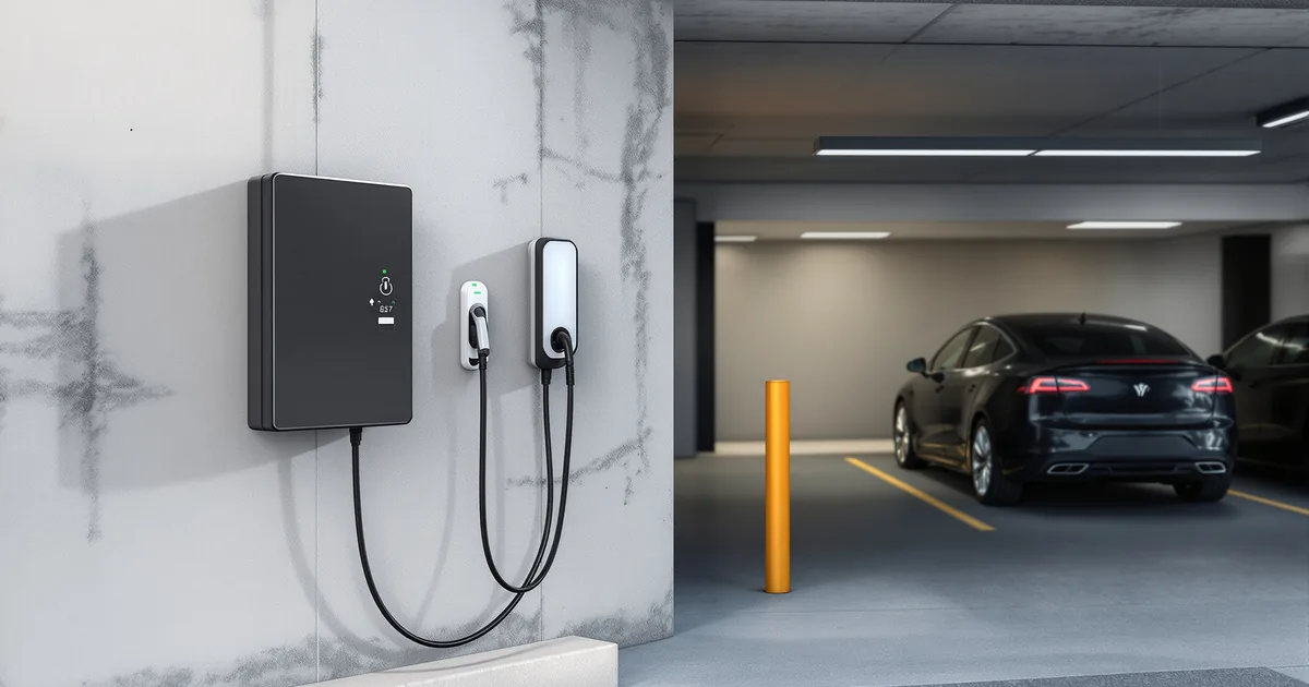 Punkt ładowania pojazdu elektrycznego na ścianie garażu podziemnego w budynku wielorodzinnym